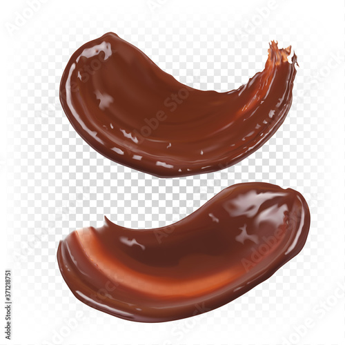 Wide strokes of liquid chocolate. Dessert presentation, thick brushstroke. Vector 3d realistic set