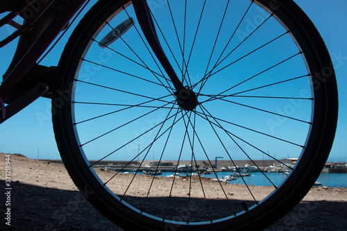 Sea view through the bike wheel, Valle Gran Rey, La Gomera, Canary Islands, Spain
