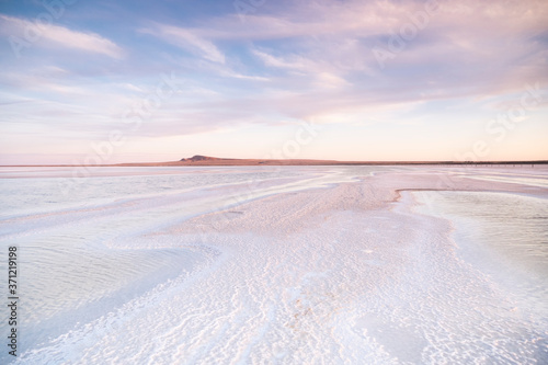 Beautiful landscape of the Baskunchak salt lake in Russia. Nature, mountains, lake.