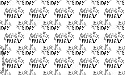 Vector template for black friday web banner or poster. Hand drawn doodle illustration of sale and discount icons. Online shopping