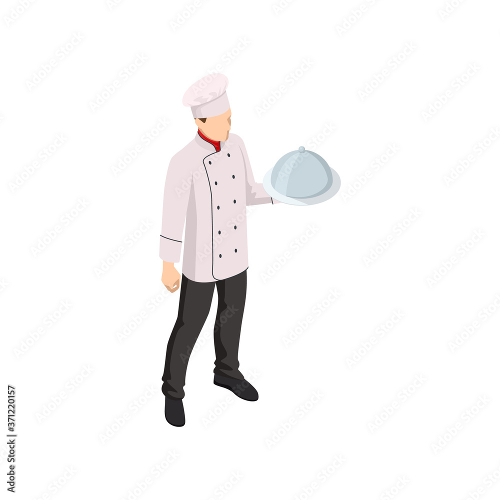 Isometric male chef isolated on white. Chef in uniform cooking in a commercial kitchen. Isometric male chef isolated on white. Chef in uniform cooking in a commercial kitchen.