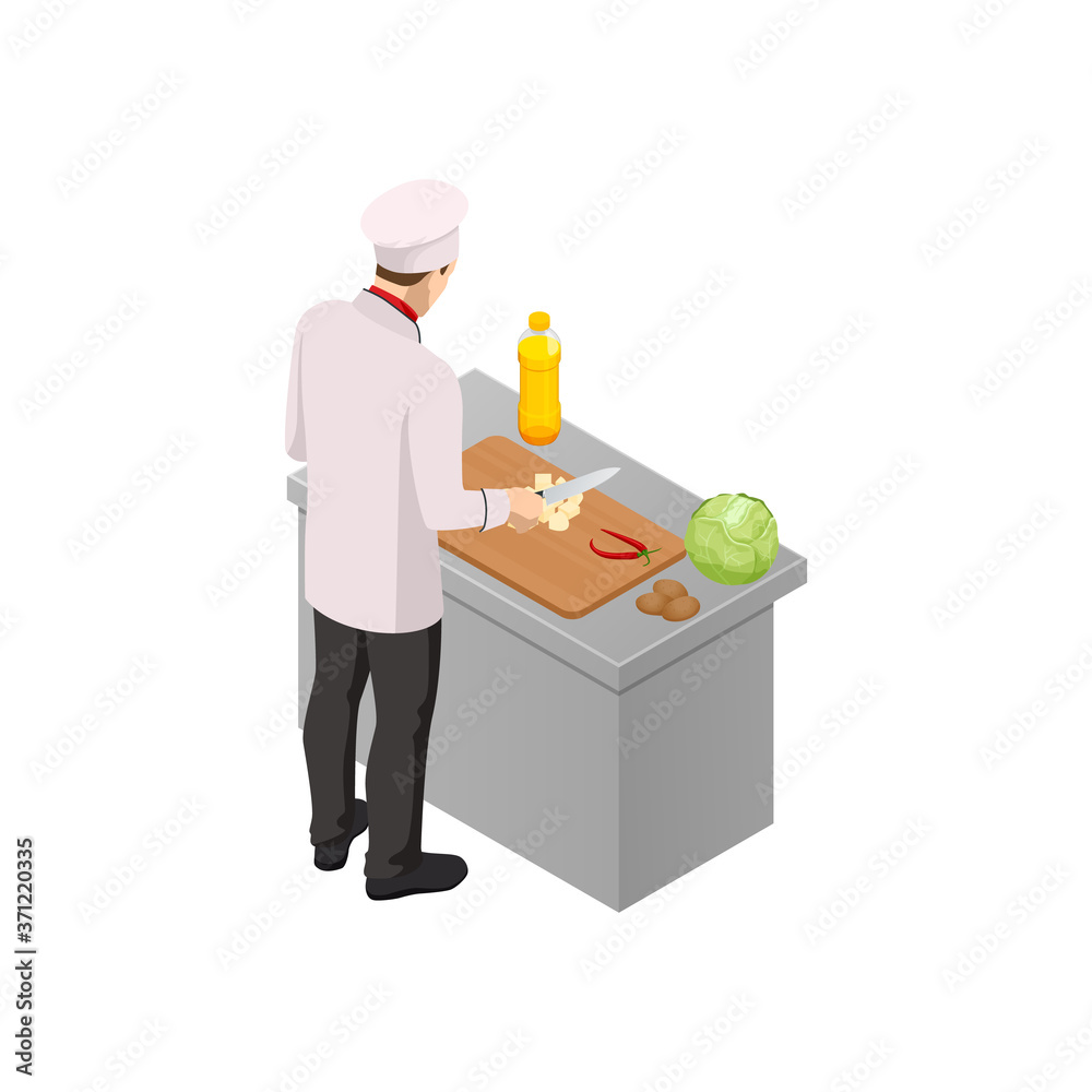 Isometric male chef isolated on white. Chef in uniform cooking in a commercial kitchen.