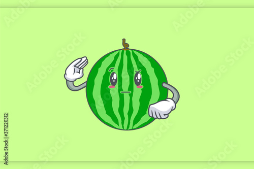 REALLY, ATTENTIVE, Curios Face Emotion. Salute Hand Gesture. Watermelon Fruit Cartoon Drawing Mascot Illustration.
