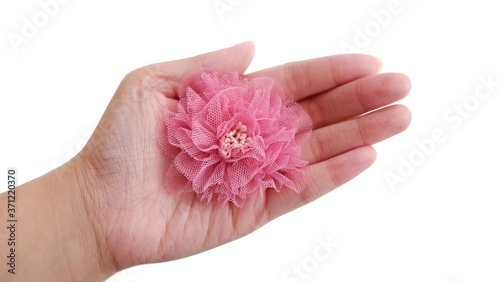 Hand holding beautiful pink rose made out of tulle fabric with white background isolated