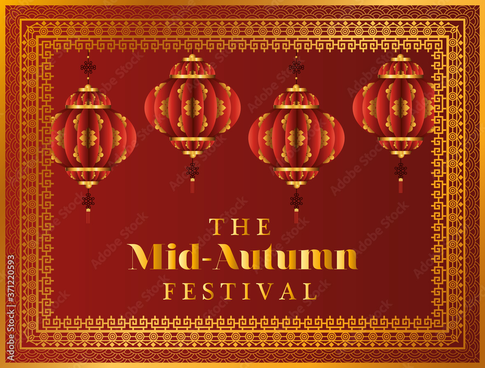 Mid autumn festival with red lanterns and frame design, Oriental chinese and celebration theme Vector illustration