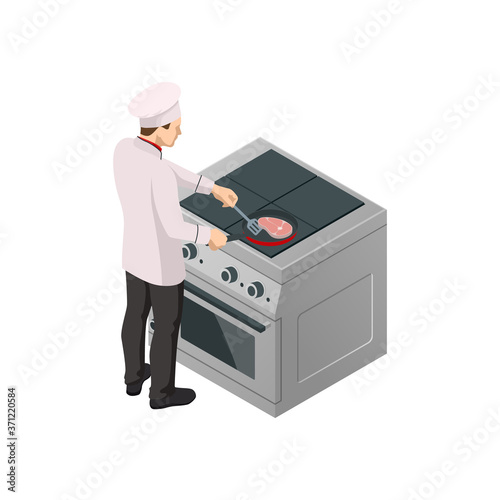 Isometric male chef isolated on white. Chef in uniform cooking in a commercial kitchen.