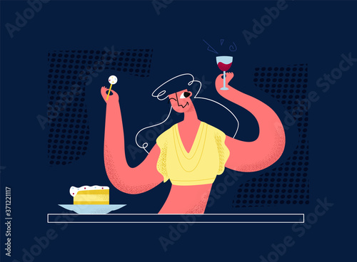 Vector flat drunk, cheerful woman in bar at table. She eats cake, drinks wine from glass. Concept entertainment, recreation, celebration, alcohol intake. It can be used in web design, banners, etc.