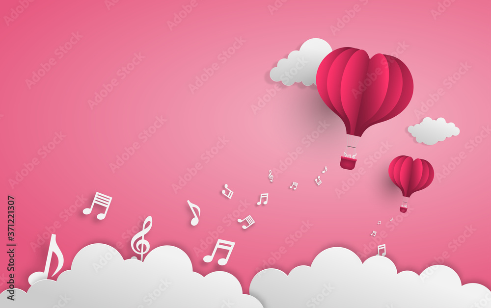 illustration of a balloon flying over the cloud with music notes floats on  the sky. vector of music background Stock Vector | Adobe Stock