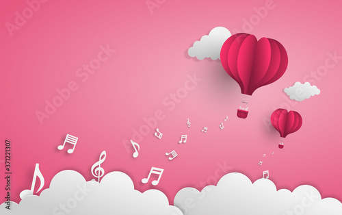 illustration of a balloon flying over the cloud with music notes floats on the sky. vector of music background