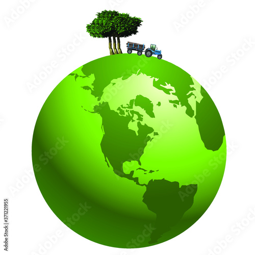 Representation of rain forest deforestation primarily across the tropical regions depicted on green planet earth isolated on white background
