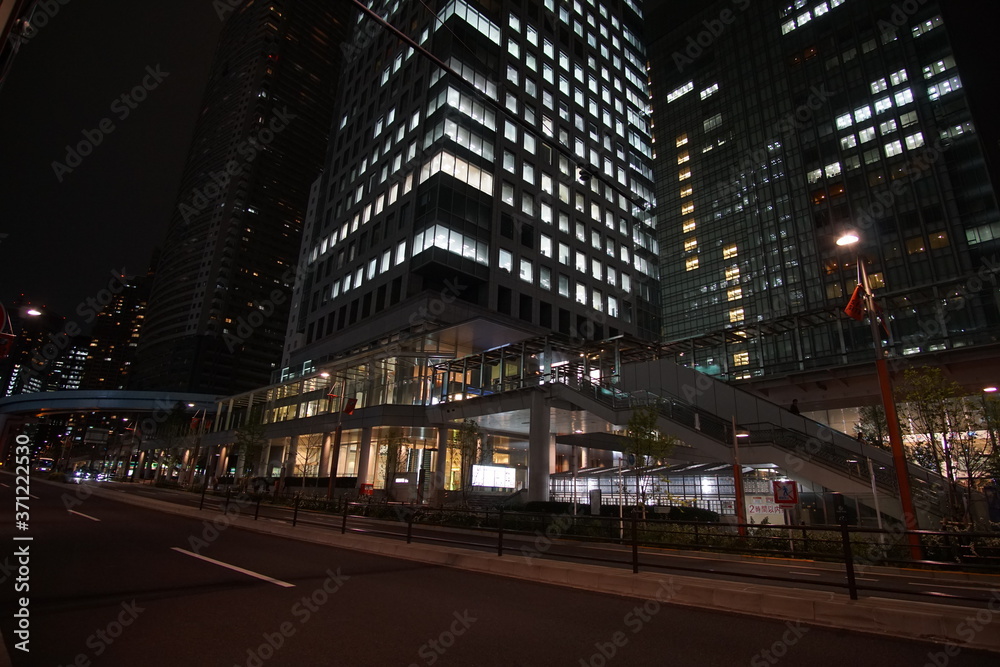 Night view of the business district in Tokyo Japan
