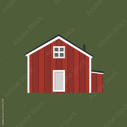 scandinavian red wooden housewith black roof, white window and white door icon on green background photo