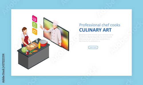 Isometric cooking school blog. Woman chef cooking while streaming online for webinar masterclass lesson at home