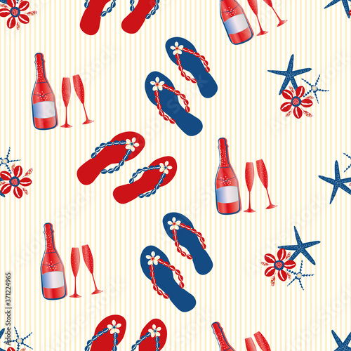Vector Champagne bubbles and flip flop shoe seamless pattern background. Prosecco bottles, fizzing glasses, starfish, shells on sand colored backdrop. All over print for beach party celebration