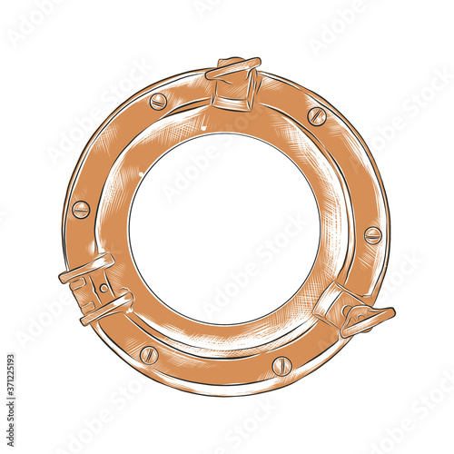 Vector engraved style illustration for posters, decoration, logo and print. Hand drawn sketch of porthole in colorful isolated on white background. Detailed vintage woodcut style drawing.