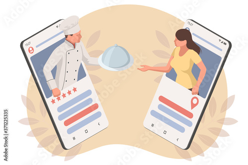 Isometric Online cooking classes concept. Online ordering food in a restaurant. Ordering take away food online on a smartphone