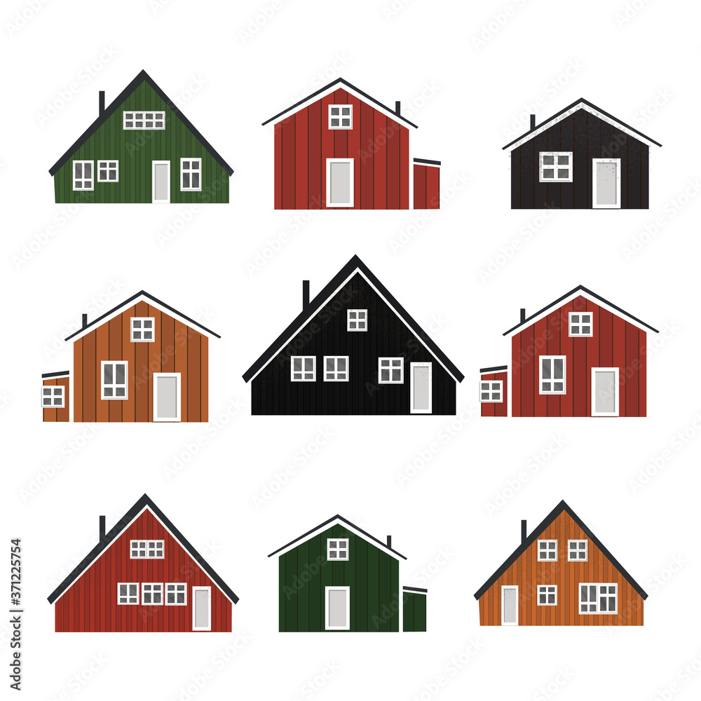 scandinavian red black green wooden isolated houses with black roof on white background