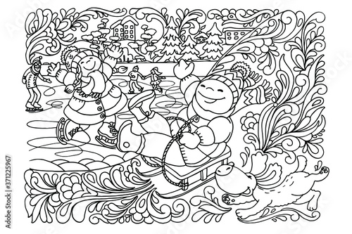 coloring book, winter day, cheerful boy sledding on the hill, girl ice skating, ice patterns, ornament, vector illustration for children, for adults, antistress