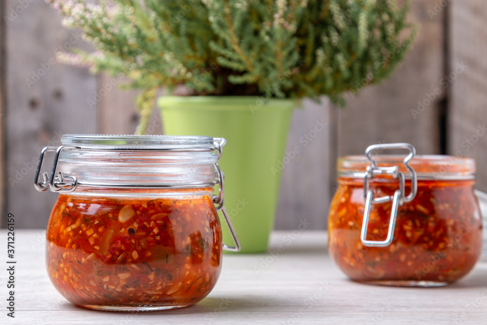 Vegetable caviar in a glass jar. Homemade caviar made of vegetables. Vegetable caviar in a glass jar. Homemade caviar made of vegetables.