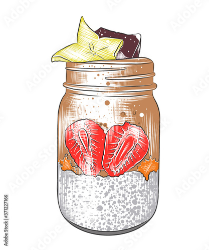 Vector engraved style illustration for posters, decoration, logo and print. Hand drawn sketch of smoothie jar in colorful isolated on white background. Detailed vintage woodcut style drawing.
