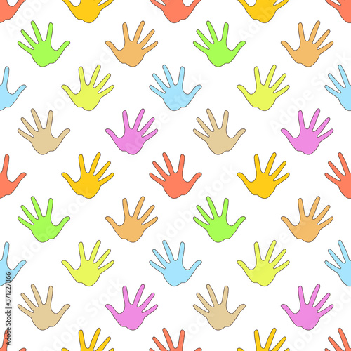 Seamless pattern of multicolored palms, hands. Vector stock illustration eps10.