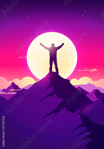Vector Illustration Silhouette Of Man On Top Of Mountain. See Beautiful Sun And Landscape.