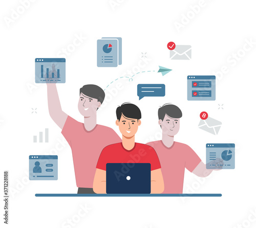 Multitasking skill and productivity concept. Office worker doing several actions at the same time