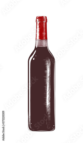 Vector engraved style illustration for posters, decoration, logo and print. Hand drawn sketch of a bottle of wine, colorful isolated on white background. Detailed vintage woodcut style