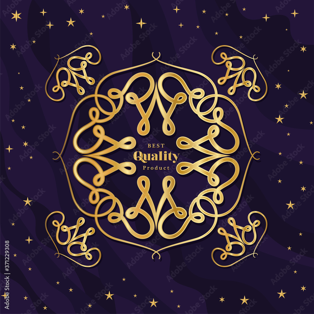 Best quality product with gold ornament frame and stars design of Decorative element theme Vector illustration Best quality product with gold ornament frame and stars design of Decorative element theme Vector illustration