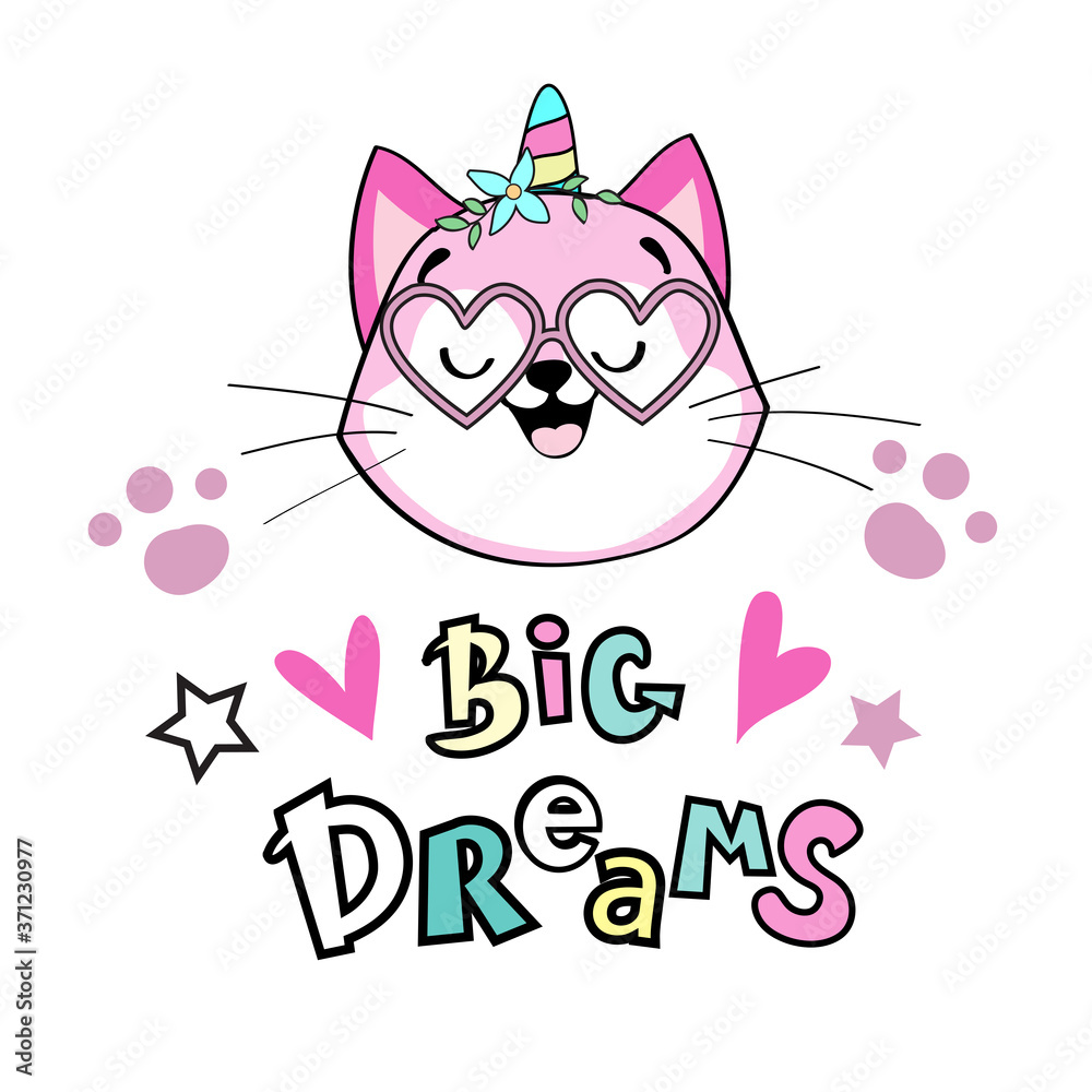 Beautiful illustration of a unicorn cat head and the inscription big dreams on a white background