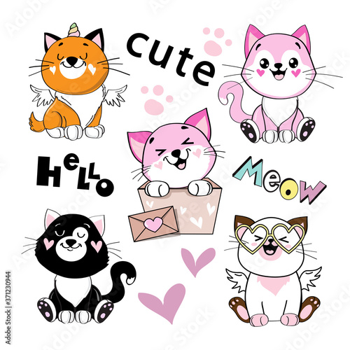 Beautiful collection of cats in kawaii style on a white background for children. Vector flat style birthday illustration