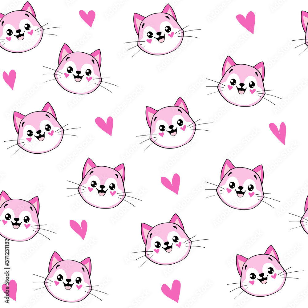Cute head of  pink cats in kawaii style on a white background seamless pattern for children