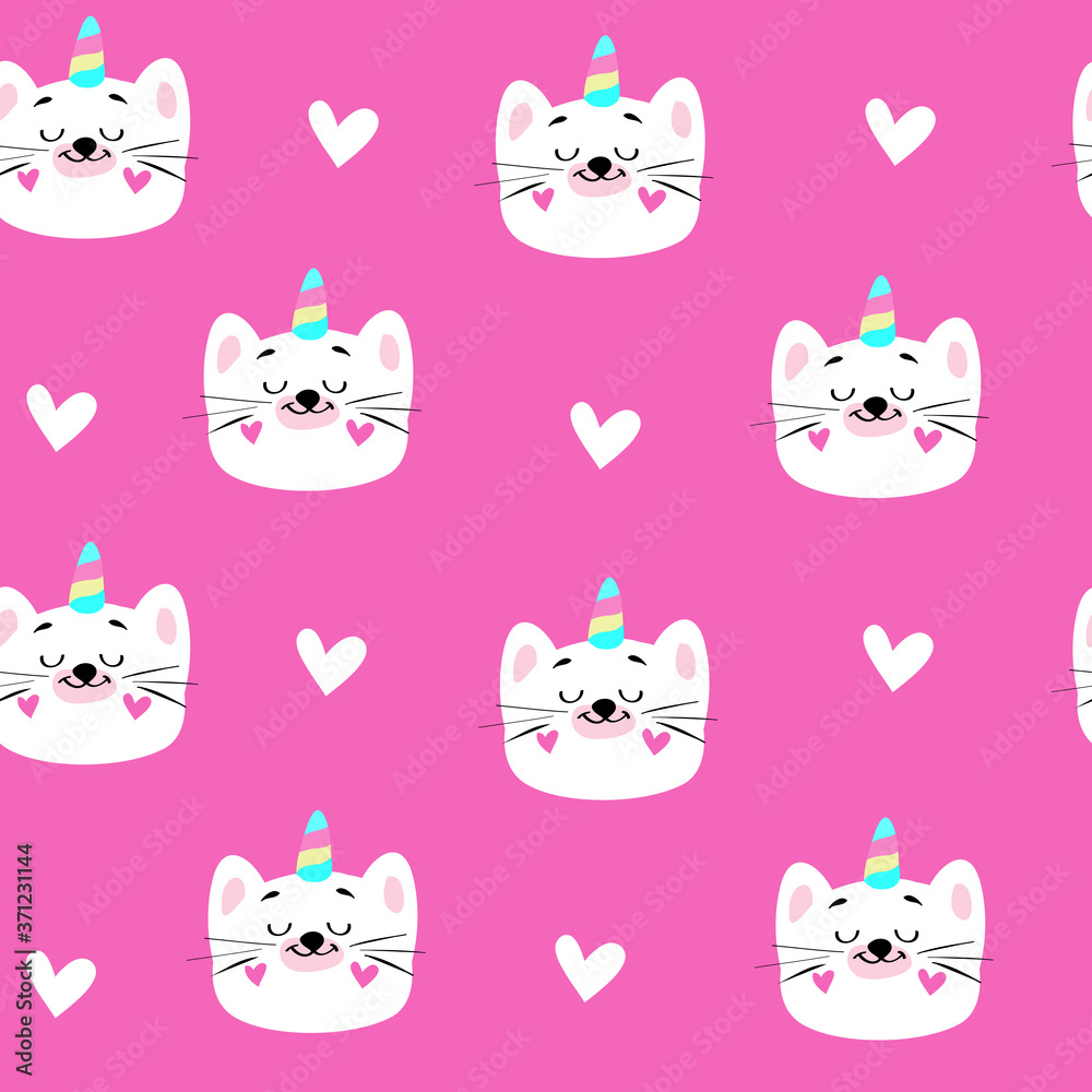 Cute illustration of a white unicorn cat head on a pink background seamless pattern for children