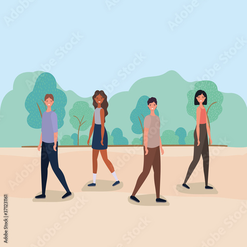 women and men cartoons walking at park design, Nature outdoor and season theme Vector illustration