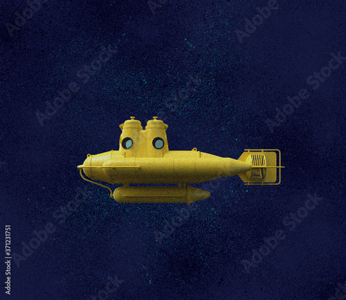 Obraz na plátne Yellow submarine, Underwater illustration on dark blue backgound