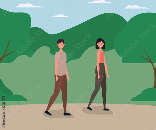 woman and man cartoons walking at park design, Nature outdoor and season theme Vector illustration