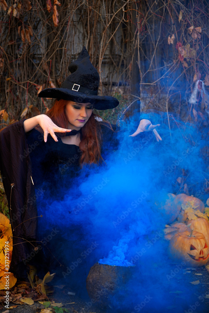 Fototapeta a girl in a black dress and a witch hat for Halloween with a VAT and blue smoke on a background of yellow and red leaves