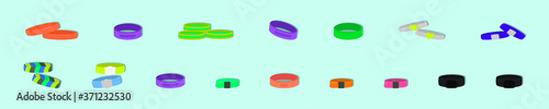 Set of multicolored rubber wristband with various model on blue background. Vector illustration.