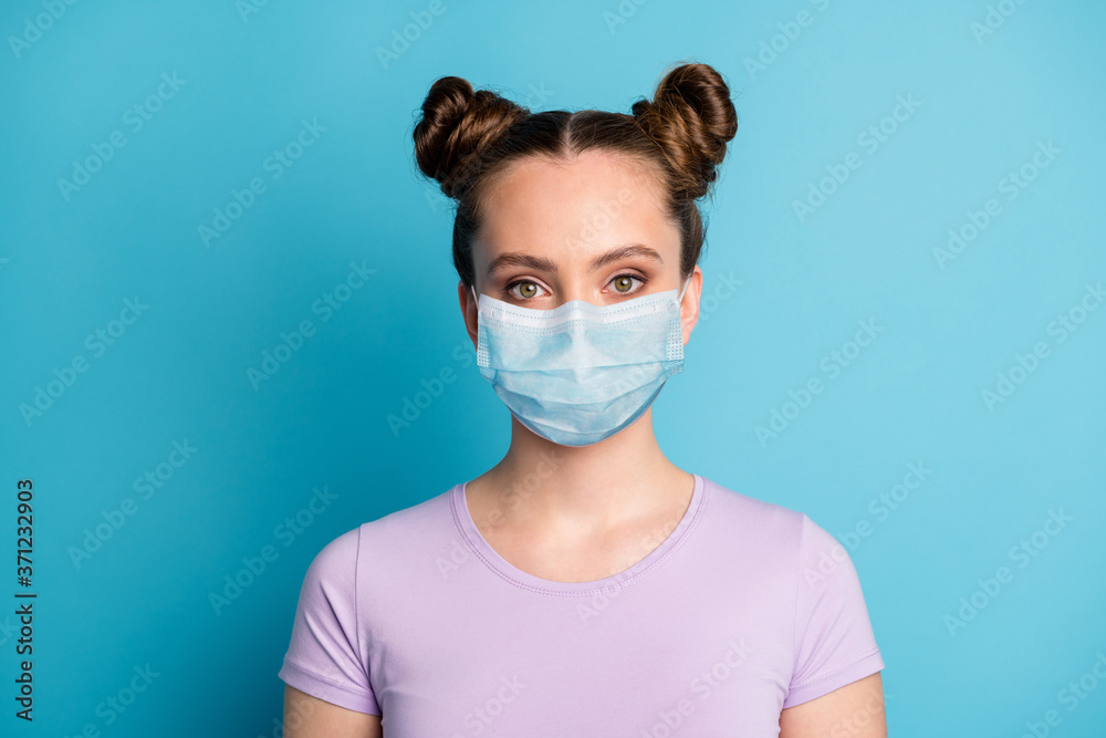 Close-up portrait of nice healthy girl wearing gauze mask stop viral influenza healthcare concept medicine help aid assistance travel insurance isolated bright vivid vibrant blue color background Close-up portrait of nice healthy girl wearing gauze mask stop viral influenza healthcare concept medicine help aid assistance travel insurance isolated bright vivid vibrant blue color background