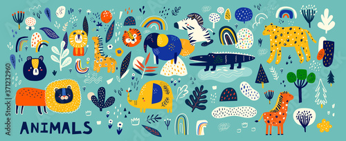 Abstract doodles. Baby animals pattern. Fabric pattern. Vector illustration with cute animals. Nursery baby pattern illustration