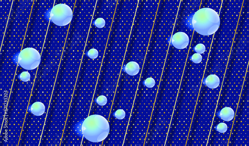 Blue background with golden glitter and glossy glass balls. Vector EPS10