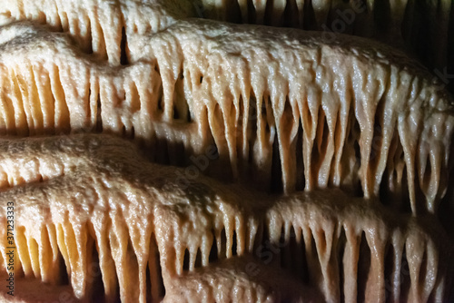 A row of beige stalactites in a cave