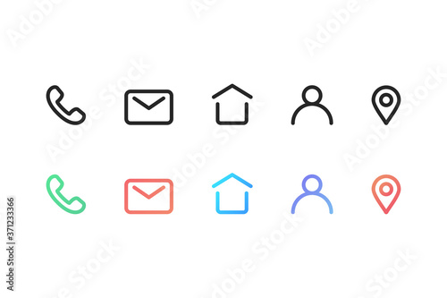 Set of contact icons in black outline design on transparent background. Isolated gradient colorful  icons of phone, mail, location pin and account sign. Contact us collection in black and gradient.