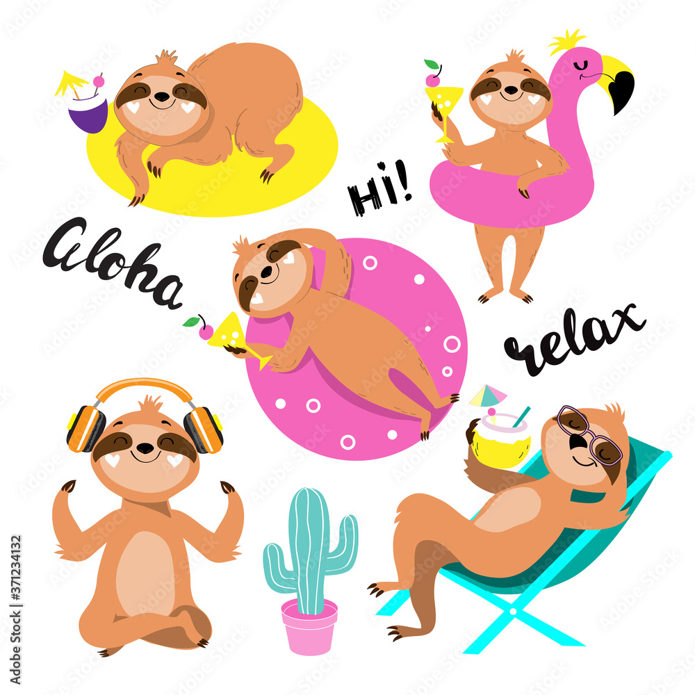 Funny summer sloths on a flamingo, on a rubber ring, on a deck chair on a white background Funny summer sloths on a flamingo, on a rubber ring, on a deck chair on a white background