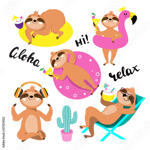 Funny summer sloths on a flamingo, on a rubber ring, on a deck chair on a white background