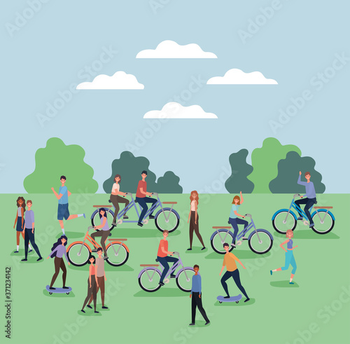 women and men cartoons riding bikes and skateboards at park design, Nature outdoor and season theme Vector illustration