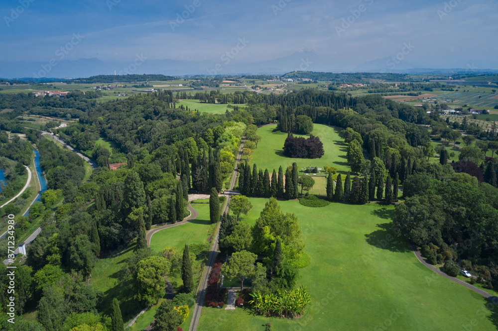 Park near Lake Garda. aerial view. Sigurta garden park, northern Italy. Beautiful landscape of the Sigurta Garden park.