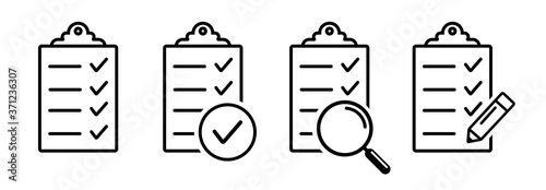 Set icons education test. Clipboard icon magnifier and pencil vector illustration