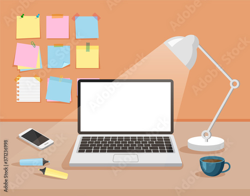 Office creative space front view. Workspace template. Modern business workplace with blank white computer display, stationery stickers, table lamp, phone, felt-tip pens, cup. Vector illustration.