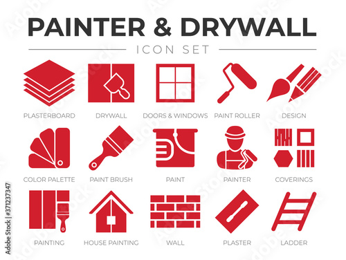 Red Painter and Drywall Icon Set with Plasterboard, Paint Roller, Brush, Painter Color Palette, Painting, Wall, Plaster, Ladder Icons